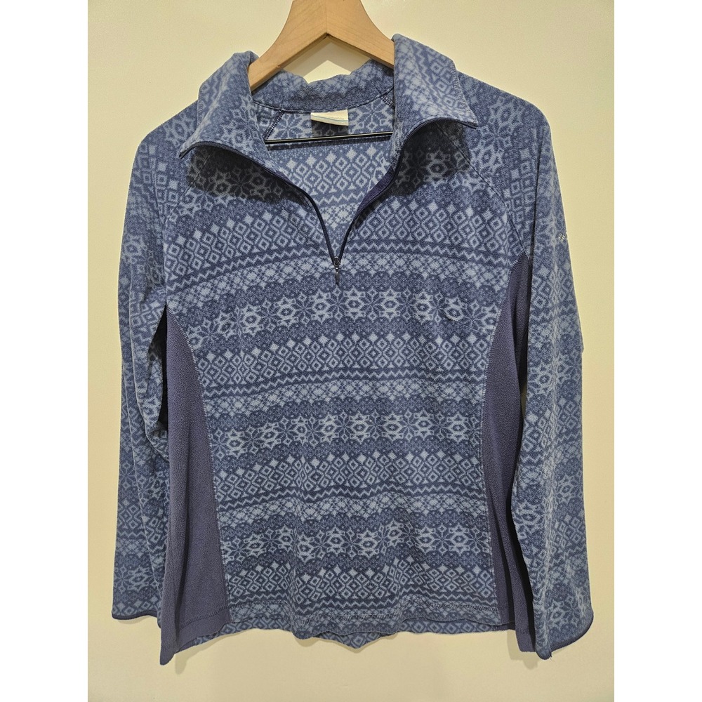 Columbia Womens XL Blue Geometric Fair Isle Fleece Quarter Zip Pullover Sweater
